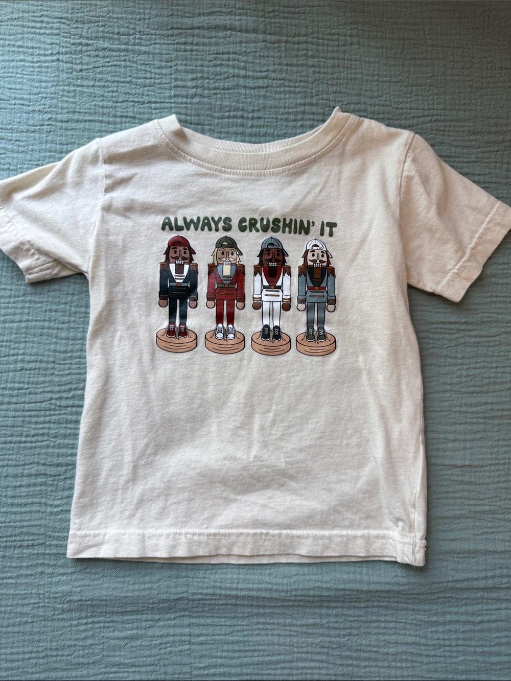 Rabbit Skins White Kids Tee with Nutcracker Graphic - Green Text